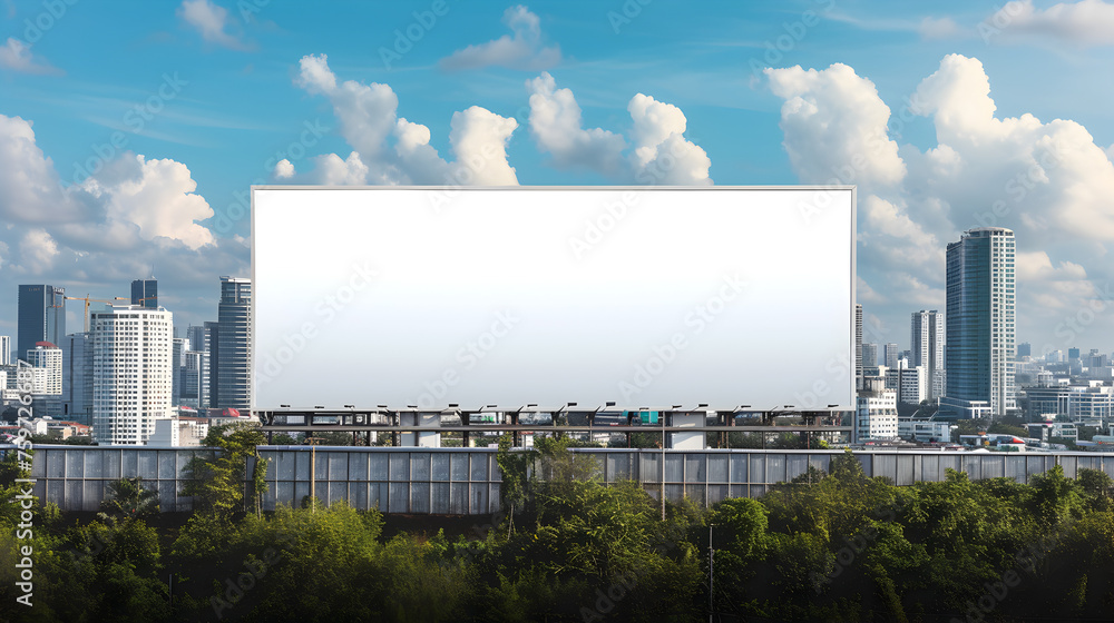 White large horizontal billboard mock up on fence wall with urban modern city background White large horizontal billboard mock up on fence wall with urban modern city background