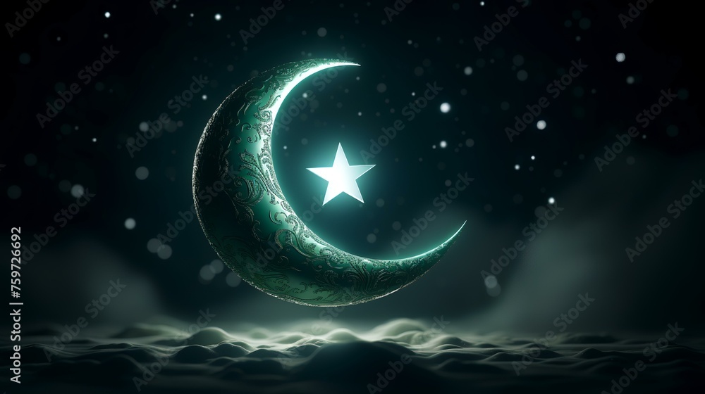 Crescent moon with star on dark background. Ramadan Kareem concept. 3D Rendering Crescent moon with star on dark background. Ramadan Kareem concept. 3D Rendering