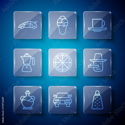 Set line Bottle of olive oil, Car, Grater, Coffee cup, Pizza, moca pot, Sport racing car and Pinocchio icon. Vector