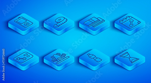 Set line Music player, Tape measure, Towel stack, Metal rack with weights, Bottle of water, Calendar fitness, Fitness club, gym card and Old hourglass icon. Vector