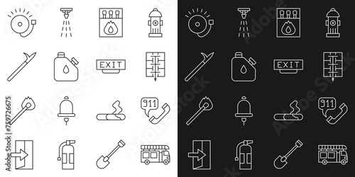 Set line Fire truck, Telephone call 911, Evacuation plan, Matchbox and matches, Canister fuel, Metal pike pole, Ringing alarm bell and exit icon. Vector