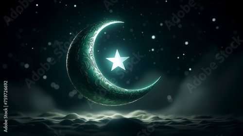 Crescent moon with star on dark background. Ramadan Kareem concept. 3D Rendering