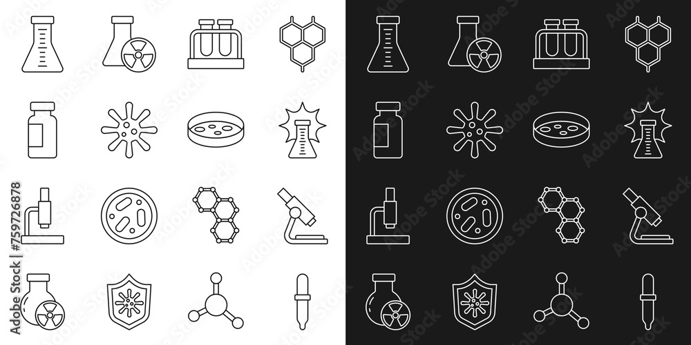 Set line Pipette, Microscope, Chemical explosion, Test tube and flask, Bacteria, and Petri dish with bacteria icon. Vector Set line Pipette, Microscope, Chemical explosion, Test tube and flask, Bacteria, and Petri dish with bacteria icon. Vector