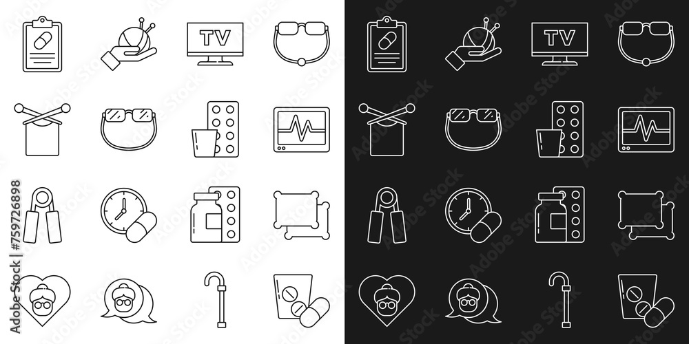 Set line Medicine pill or tablet, Pillow, Monitor with cardiogram, Smart Tv, Eyeglasses, Knitting, Medical prescription and Pills blister pack icon. Vector Set line Medicine pill or tablet, Pillow, Monitor with cardiogram, Smart Tv, Eyeglasses, Knitting, Medical prescription and Pills blister pack icon. Vector