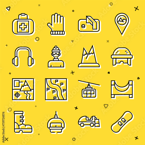 Set line Snowboard, Skate park, Hockey helmet, Ice hockey goal, Winter athlete, headphones, First aid kit and Mountains icon. Vector