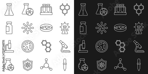 Set line Pipette, Microscope, Chemical explosion, Test tube and flask, Bacteria, and Petri dish with bacteria icon. Vector