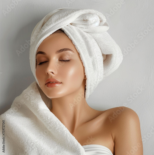 studio image a beautiful woman on beauty salon white towel and white background photo