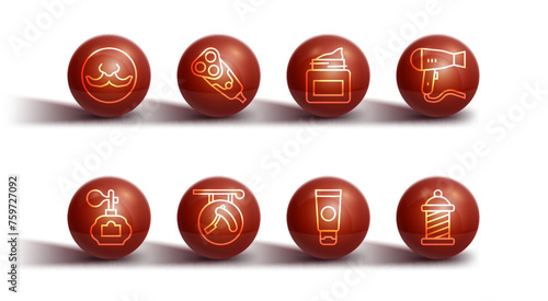 Set line Mustache, Aftershave, Hair dryer, Cream cosmetic tube, Barbershop with razor, Electric blade, pole and jar icon. Vector