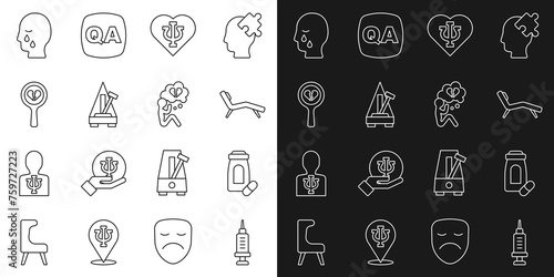Set line Addiction to the drug, Sedative pills, Armchair, Psychology, Psi, Metronome with pendulum, Broken heart or divorce, Man graves funeral sorrow and icon. Vector