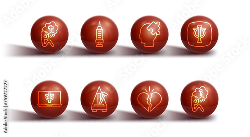 Set line Helping hand, Psychologist online, Psychology, Psi, Broken heart or divorce, Metronome with pendulum, Addiction to the drug, Head question mark and Solution problem icon. Vector