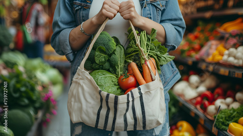 Fototapeta Naklejka Na Ścianę i Meble -  Woman hands holding reusable cotton shopping bag with vegetables in street farmers market. Sustainable lifestyle, healthy food concept