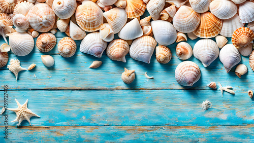 Colorful shells of various shapes on blue wooden floors on the beach