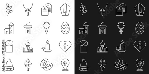 Set line Location church building, Christian cross heart, Easter egg, Holy bible book, Church sermon tribune, Willow leaf and Rosary beads religion icon. Vector