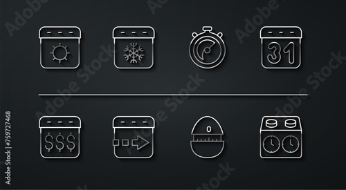 Set line Calendar summer, Payday, calendar with dollar, Kitchen timer, Time flies on the clock, winter, chess and Stopwatch icon. Vector