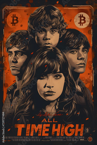 Bitcoin movie poster in the style of the 60s sixties, cryptocurrency at new all-time high, young people faces