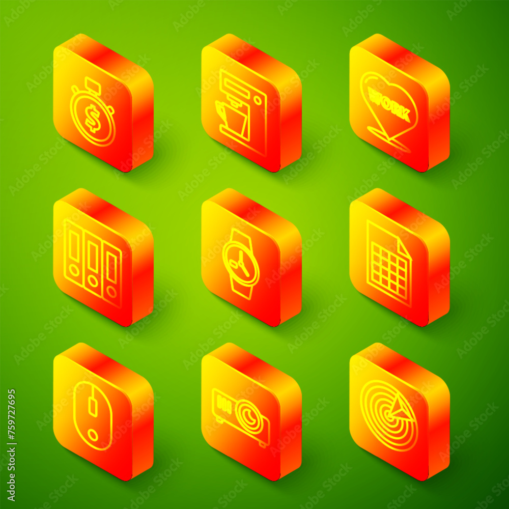 Set line Time is money, Coffee machine, Heart with text work, Office folders, Wrist watch, File document, Computer mouse and Movie, film, media projector icon. Vector Set line Time is money, Coffee machine, Heart with text work, Office folders, Wrist watch, File document, Computer mouse and Movie, film, media projector icon. Vector