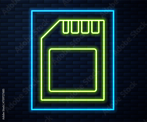 Glowing neon line SD card icon isolated on brick wall background. Memory card. Adapter icon. Vector
