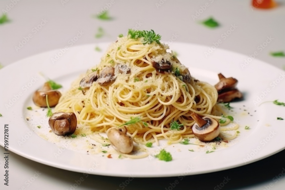 Spaghetti with mushrooms and bacon