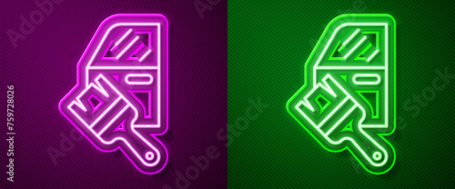 Glowing neon line Car painting icon isolated on purple and green background. Car body repair process. Vector