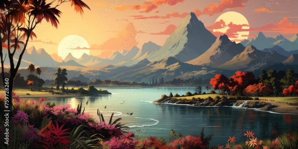 Stunning Sunset Painting Over Lake Generative AI
