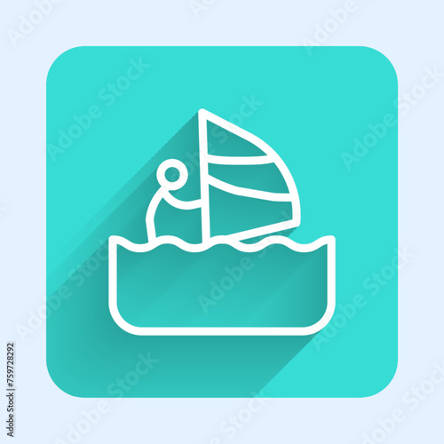White line Windsurfing icon isolated with long shadow background. Green square button. Vector