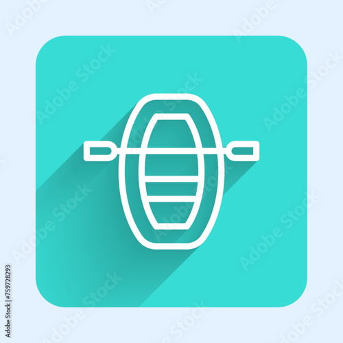White line Boat with oars icon isolated with long shadow background. Water sports, extreme sports, holiday, vacation, team building. Green square button. Vector