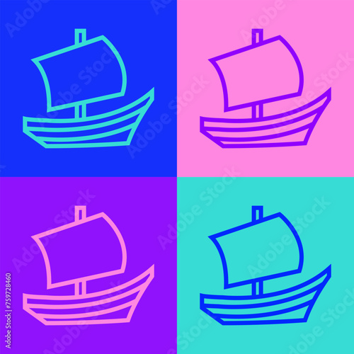 Pop art line Egyptian ship icon isolated on color background. Egyptian papyrus boat. Vector