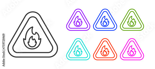 Black line Fire flame in triangle icon isolated on white background. Warning sign of flammable product. Set icons colorful. Vector