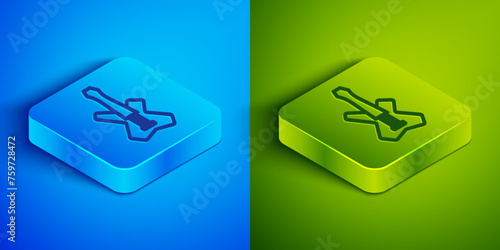Isometric line Electric bass guitar icon isolated on blue and green background. Square button. Vector