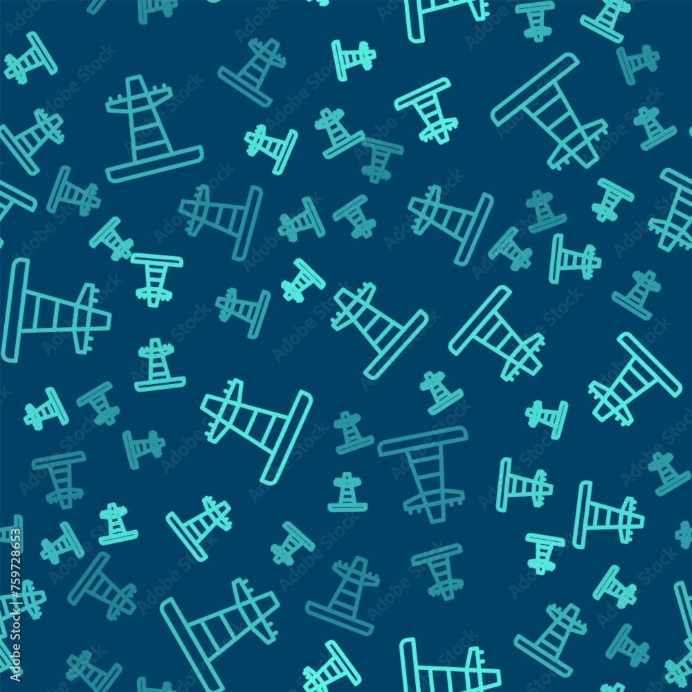 Green line Electric tower used to support an overhead power line icon isolated seamless pattern on blue background. High voltage power pole line. Vector Green line Electric tower used to support an overhead power line icon isolated seamless pattern on blue background. High voltage power pole line. Vector