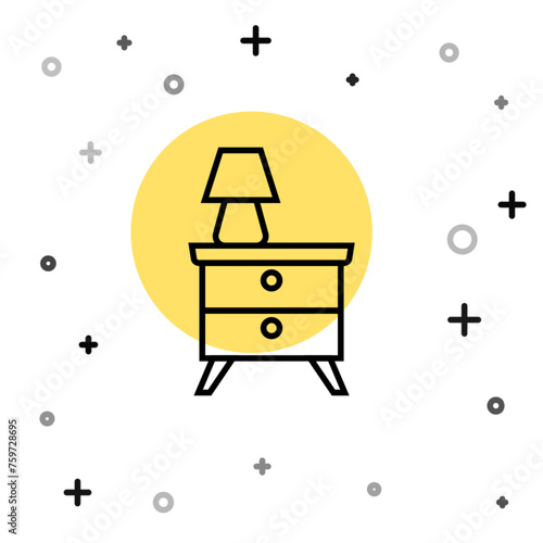 Black line Furniture nightstand with lamp icon isolated on white background. Random dynamic shapes. Vector