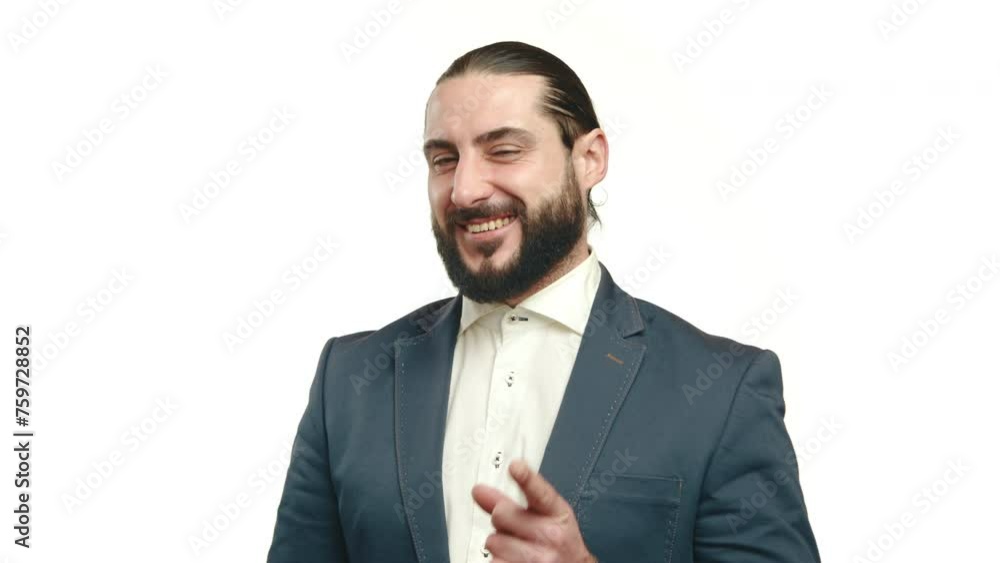 A contented businessman in a sharp suit playfully winks with one eye, exhibiting a warm, genuine smile, on a clean white background. Camera 8K RAW. A contented businessman in a sharp suit playfully winks with one eye, exhibiting a warm, genuine smile, on a clean white background. Camera 8K RAW.