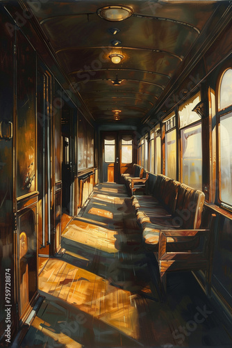 painting of empty vintage train cabin interior