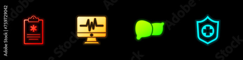 Set Clinical record, Monitor with cardiogram, Human organ liver and Life insurance hand icon. Vector