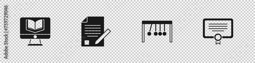 Set Online class, Exam sheet and pencil, Pendulum and Certificate template icon. Vector