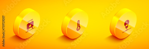 Set Isometric Fermentation of grapes, Meteorology thermometer and Wine time icon. Vector