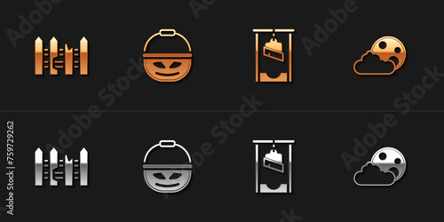 Set Garden fence wooden, Pumpkin basket for sweets, Guillotine and Moon and stars icon. Vector