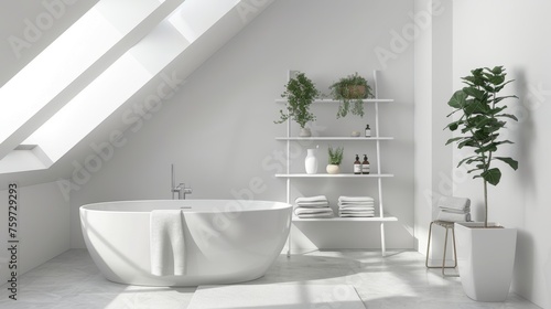 Nordic-Inspired Bathroom with Skylight and Freestanding Bathtub. © ArquitecAi