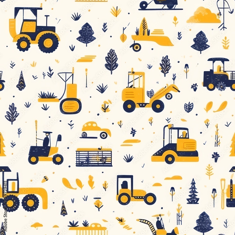 construction equipment seamless pattern. dump truck, concrete mixer, excavator, crane - cute toy illustrations