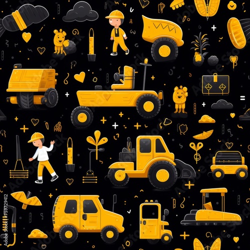 Cute hand-drawn baby toy construction equipment seamless pattern for kids room decor