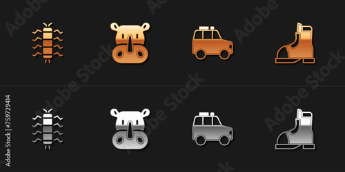 Set Centipede insect, Rhinoceros, Car and Hunter boots icon. Vector