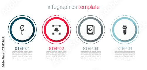 Set Magic hand mirror, Ancient magic book, Tarot cards and Bottle with potion. Business infographic template. Vector