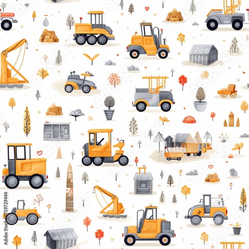 Cute baby toy pattern. dump truck, concrete mixer, excavator and crane in a seamless design