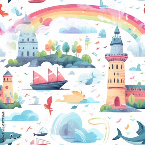Adorable flying whale and lighthouse childrens seamless pattern with air balloons and rainbows
