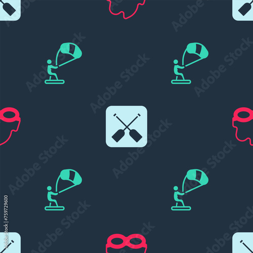 Set Glasses for swimming, Paddle and Kitesurfing on seamless pattern. Vector
