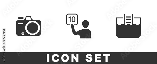 Set Photo camera, Assessment of judges and Swimming pool with ladder icon. Vector