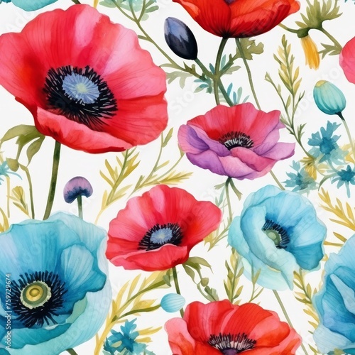 Beautiful hand drawn watercolor poppy flowers composition for vibrant floral design