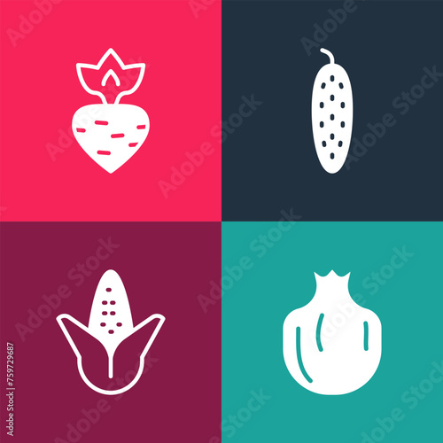 Set pop art Pomegranate, Corn, Cucumber and Turnip icon. Vector