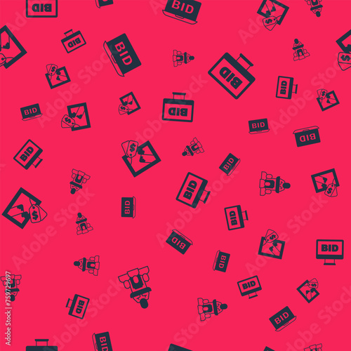 Set Auction auctioneer sells, Online, painting and on seamless pattern. Vector