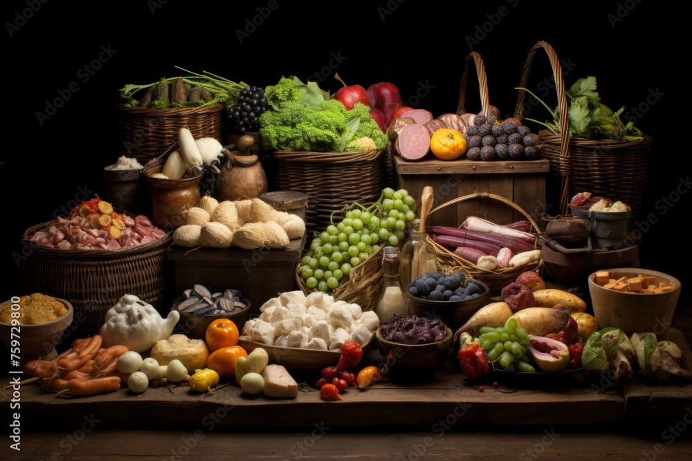 Medieval style still life with assorted fruits, vegetables, and meat for rustic dining experience Medieval style still life with assorted fruits, vegetables, and meat for rustic dining experience